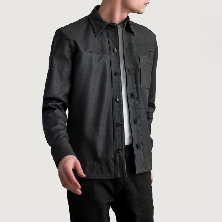 Mens Scout Tumbled Black Leather Shirt Open Front-4-1724247268361